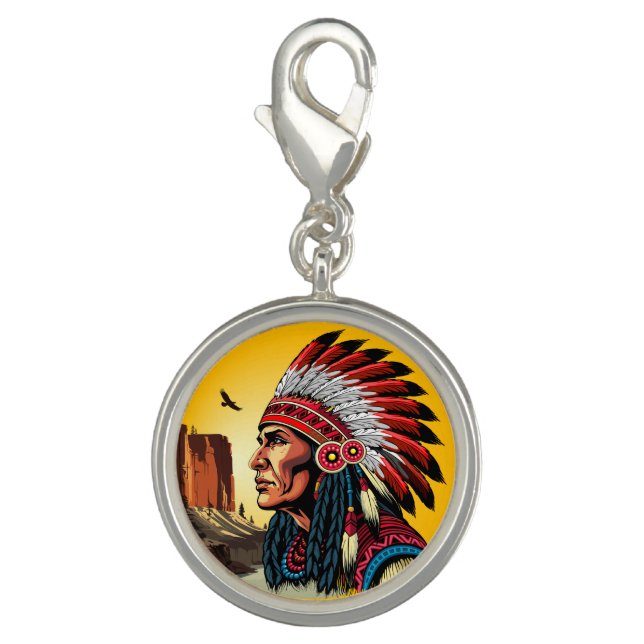 Native American Chief on wild Landscape Sunset Charm (Front)