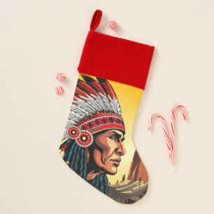 Native American Chief on wild Landscape Sunset Christmas Stocking