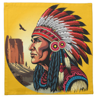 Native American Chief on wild Landscape Sunset Cloth Napkin