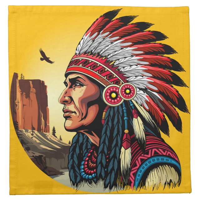 Native American Chief on wild Landscape Sunset Cloth Napkin (Front)