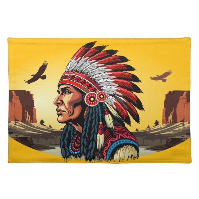 Native American Chief on wild Landscape Sunset Cloth Placemat (Front)