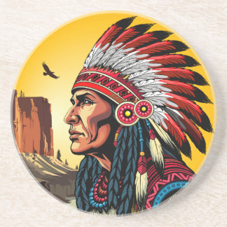 Native American Chief on wild Landscape Sunset Coaster