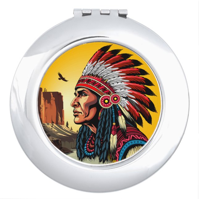 Native American Chief on wild Landscape Sunset Compact Mirror (Front)
