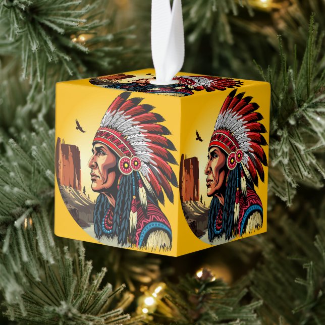 Native American Chief on wild Landscape Sunset Cube Ornament (Tree)