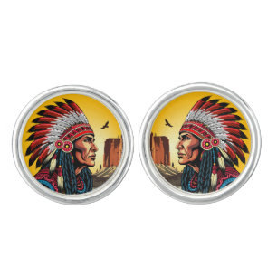 Native American Chief on wild Landscape Sunset Cufflinks