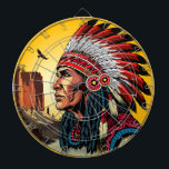 Native American Chief on wild Landscape Sunset Dart Board<br><div class="desc">Native American Chief Portrait looking far away in a wild desert Landscape on Sunset Background,  Original Vector Illustration Copyright BluedarkArt TheChameleonArt</div>
