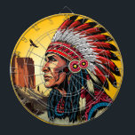 Native American Chief on wild Landscape Sunset Dart Board<br><div class="desc">Native American Chief Portrait looking far away in a wild desert Landscape on Sunset Background,  Original Vector Illustration Copyright BluedarkArt TheChameleonArt</div>
