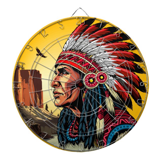 Native American Chief on wild Landscape Sunset Dart Board (Front)