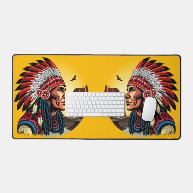 Native American Chief on wild Landscape Sunset Desk Mat (Keyboard & Mouse)