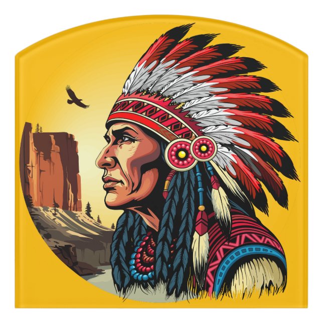 Native American Chief on wild Landscape Sunset Door Sign (Contour Front)