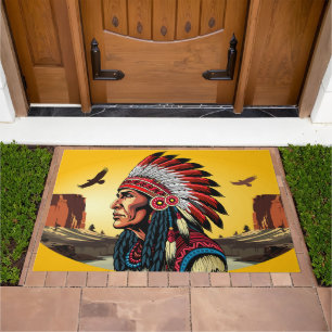 Native American Chief on wild Landscape Sunset Doormat