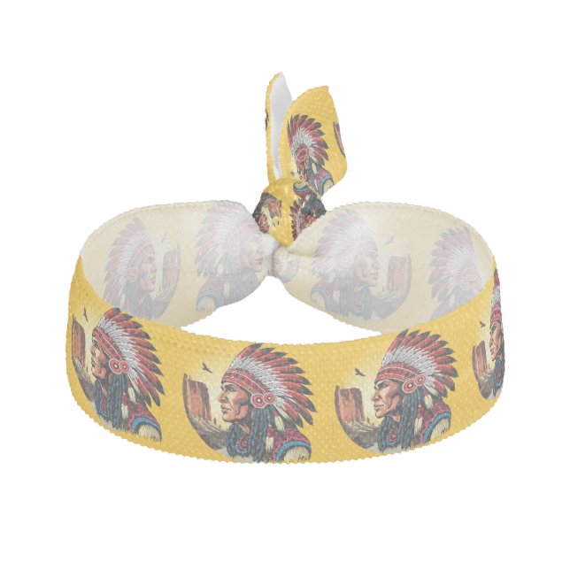 Native American Chief on wild Landscape Sunset Elastic Hair Tie (Front)