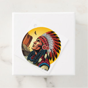 Native American Chief on wild Landscape Sunset Favor Tags