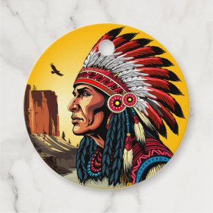Native American Chief on wild Landscape Sunset Favor Tags