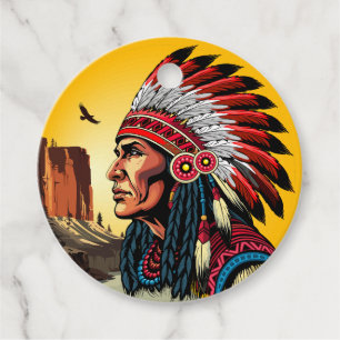Native American Chief on wild Landscape Sunset Favor Tags