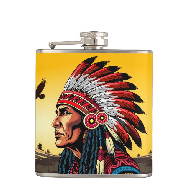 Native American Chief on wild Landscape Sunset Flask (Front)