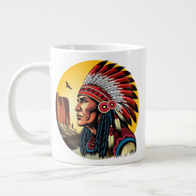 Native American Chief on wild Landscape Sunset Giant Coffee Mug (Left)