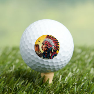 Native American Chief on wild Landscape Sunset Golf Balls