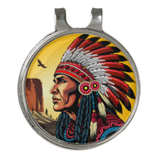 Native American Chief on wild Landscape Sunset Golf Hat Clip