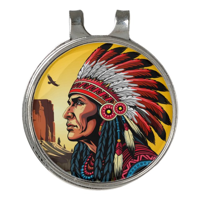 Native American Chief on wild Landscape Sunset Golf Hat Clip (Front)