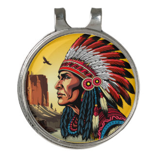 Native American Chief on wild Landscape Sunset Golf Hat Clip