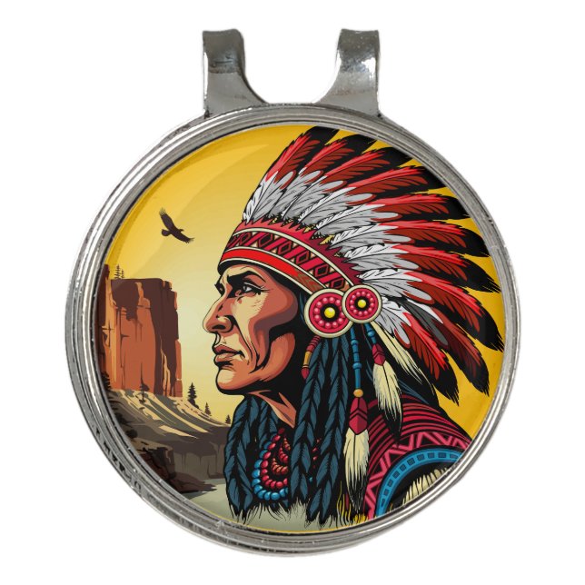 Native American Chief on wild Landscape Sunset Golf Hat Clip (Front)