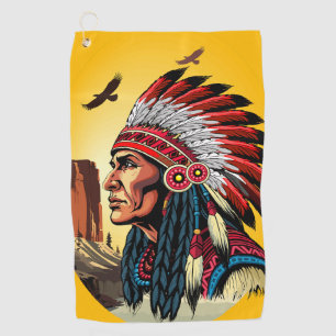Native American Chief on wild Landscape Sunset Golf Towel