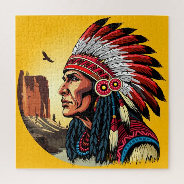 Native American Chief on wild Landscape Sunset Jigsaw Puzzle (Vertical)