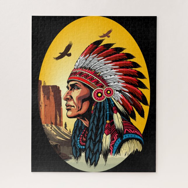 Native American Chief on wild Landscape Sunset Jigsaw Puzzle (Vertical)