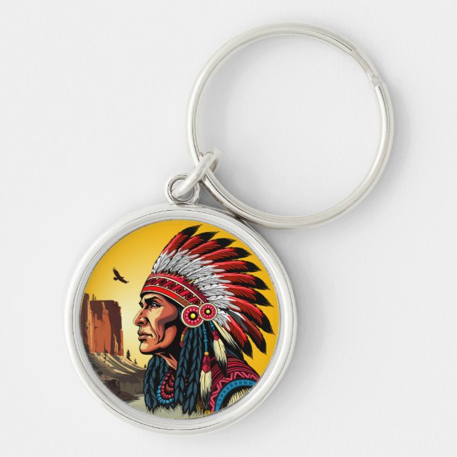 Native American Chief on wild Landscape Sunset Keychain (Front)