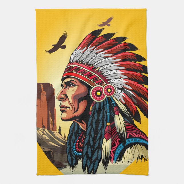 Native American Chief on wild Landscape Sunset Kitchen Towel (Vertical)