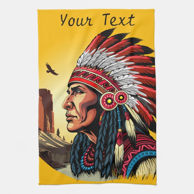 Native American Chief on wild Landscape Sunset Kitchen Towel (Vertical)