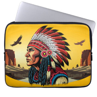 Native American Chief on wild Landscape Sunset Laptop Sleeve