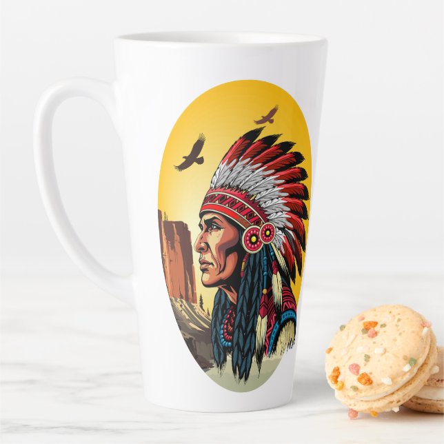 Native American Chief on wild Landscape Sunset Latte Mug (In Situ)