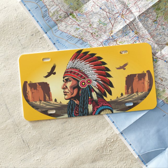 Native American Chief on wild Landscape Sunset License Plate (In Situ)