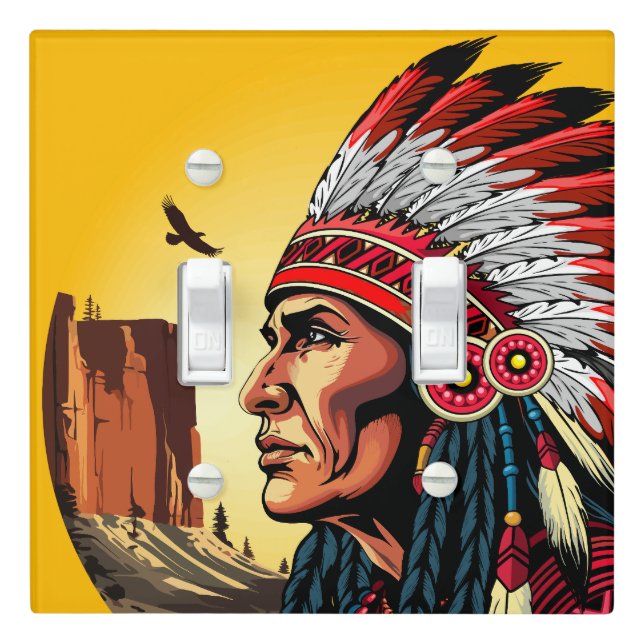 Native American Chief on wild Landscape Sunset Light Switch Cover (In Situ)