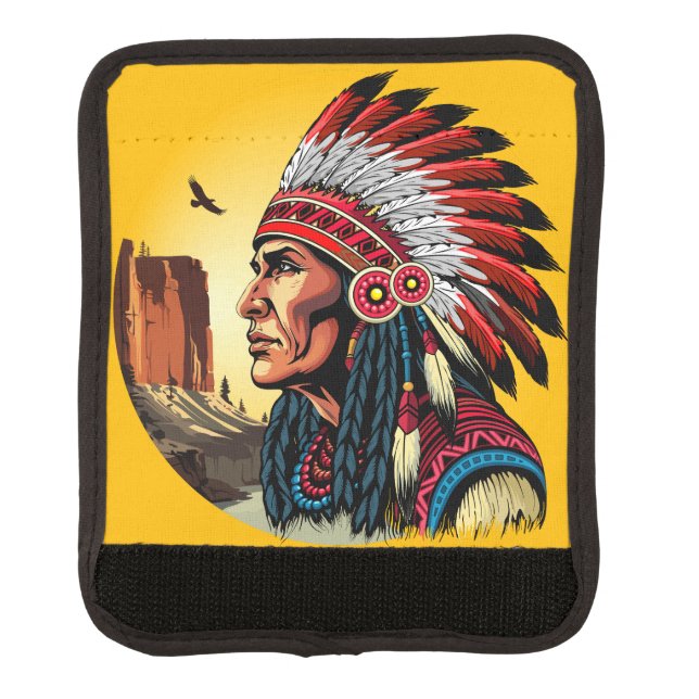Native American Chief on wild Landscape Sunset Luggage Handle Wrap (Front)