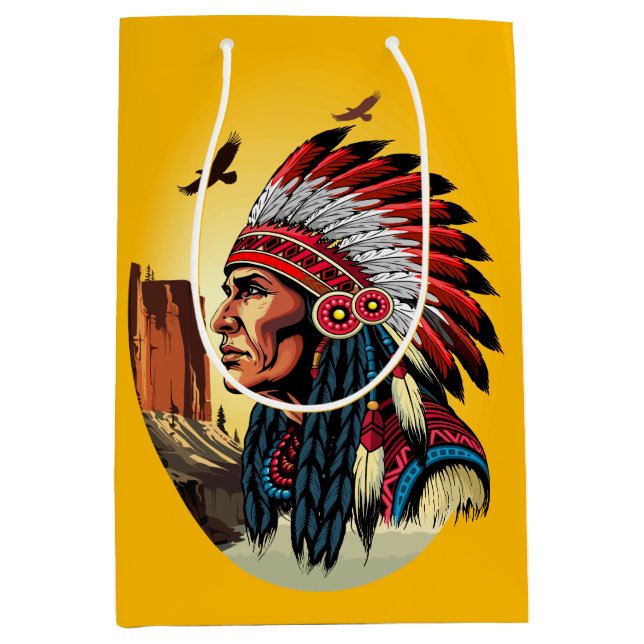 Native American Chief on wild Landscape Sunset Medium Gift Bag (Front)