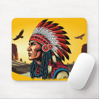 Native American Chief on wild Landscape Sunset Mouse Pad