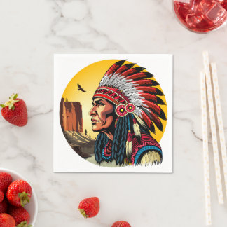 Native American Chief on wild Landscape Sunset Napkins
