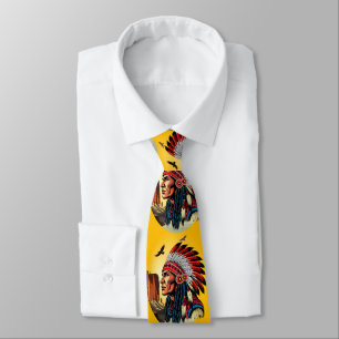 Native American Chief on wild Landscape Sunset Neck Tie