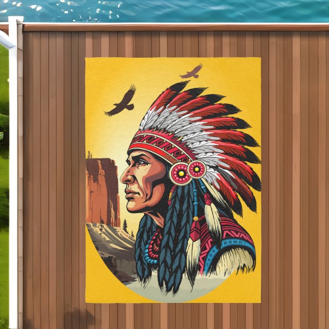 Native American Chief on wild Landscape Sunset Outdoor Rug (Insitu (Outdoor 2))