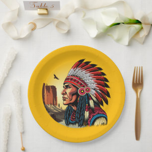 Native American Chief on wild Landscape Sunset Paper Plates