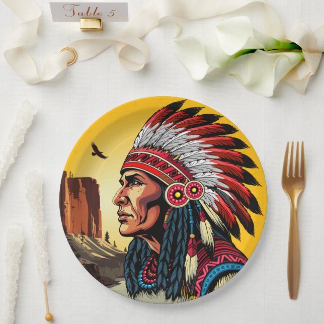 Native American Chief on wild Landscape Sunset Paper Plates (Wedding)