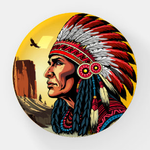 Native American Chief on wild Landscape Sunset Paperweight
