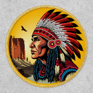 Native American Chief on wild Landscape Sunset Patch