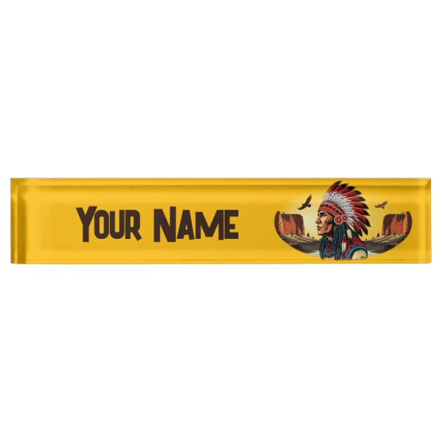 Native American Chief on wild Landscape Sunset Pen Desk Name Plate (Front)
