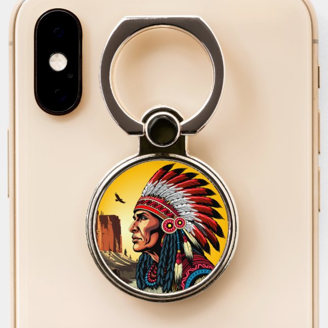 Native American Chief on wild Landscape Sunset Phone Ring Stand (Close Up)