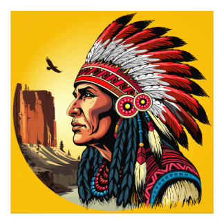 Native American Chief on wild Landscape Sunset Photo Print