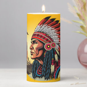 Native American Chief on wild Landscape Sunset Pillar Candle